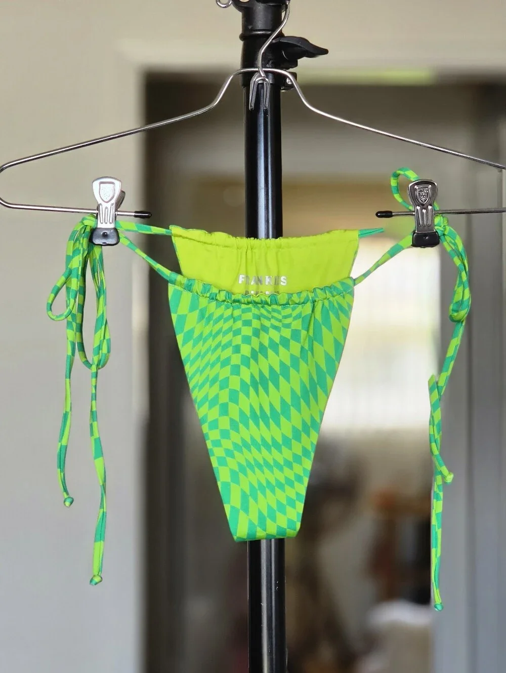 Frankie's Bikinis Tia Skimpy String Bikini Bottom - Neon Green Checkered